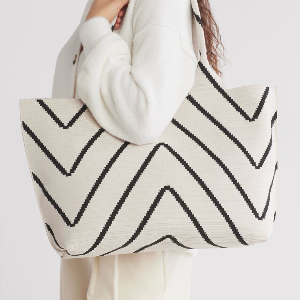 White and Black Geometric Tote Bag with Soft Fabric